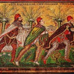 The Three Magi: Balthasar, Melchior, and Gaspar, from a late 6th century mosaic at the Basilica of Sant'Apollinare Nuovo in Ravenna, Italy.