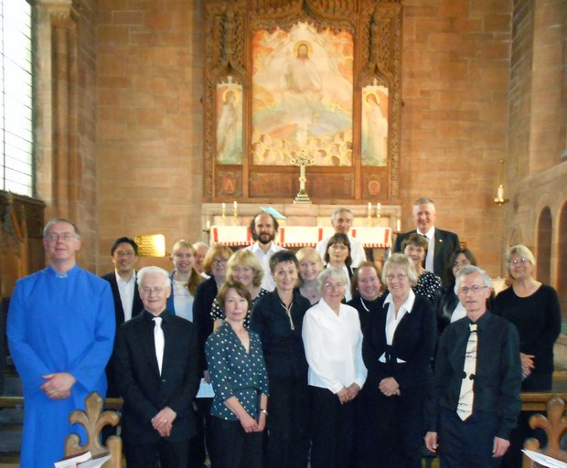 Jordanhill Liturgical Choir with organist Leslie Macleod (front left) and director Alan Tavener (front right).